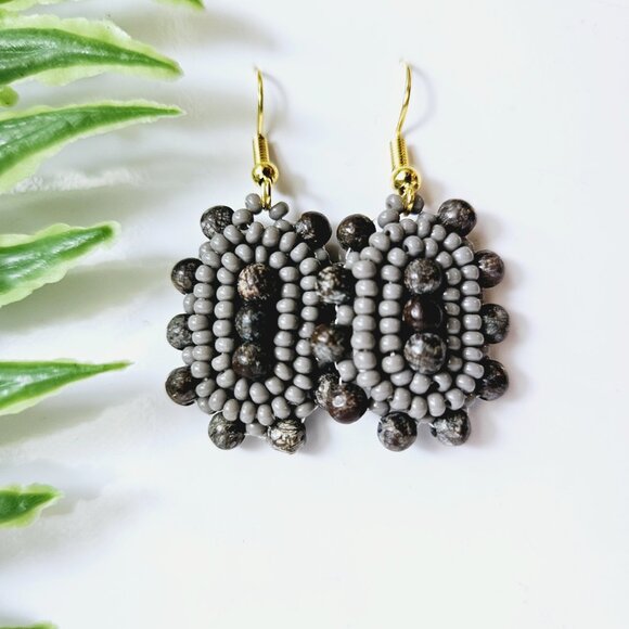 2/$27 | Charcoal Stone Shield Beaded Indigenous Hoop Earrings | Handmade - Picture 3 of 6